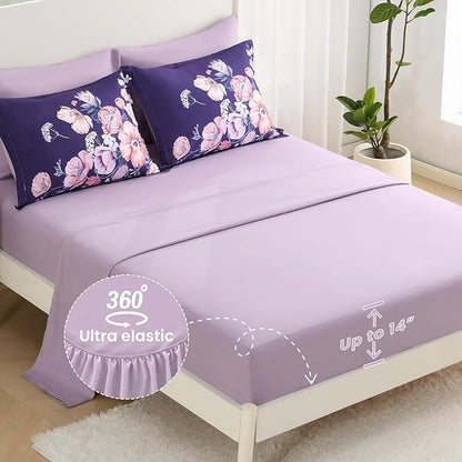 King Size Comforter Set - 7 Pieces Floral Comforter and Sheet Set, Dark Purple King Size Bed in a Bag, Soft Microfiber Flower Complete Bedding Set for All Seasons（Dark Purple,104"x90"）