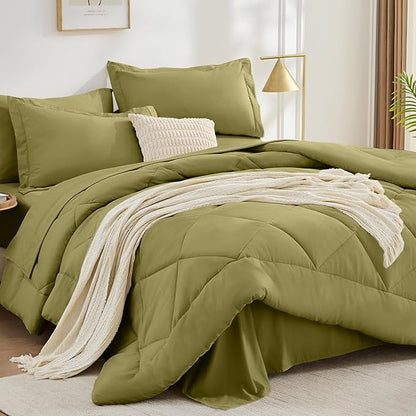 FUANNA 7 Pieces King Size Comforter Set, All Season Bed in a Bag King Size, Luxury Soft Bedding Sets with Comforter, Flat Sheet, Fitted Sheet, Pillowcases & Pillow Shams, Olive Green