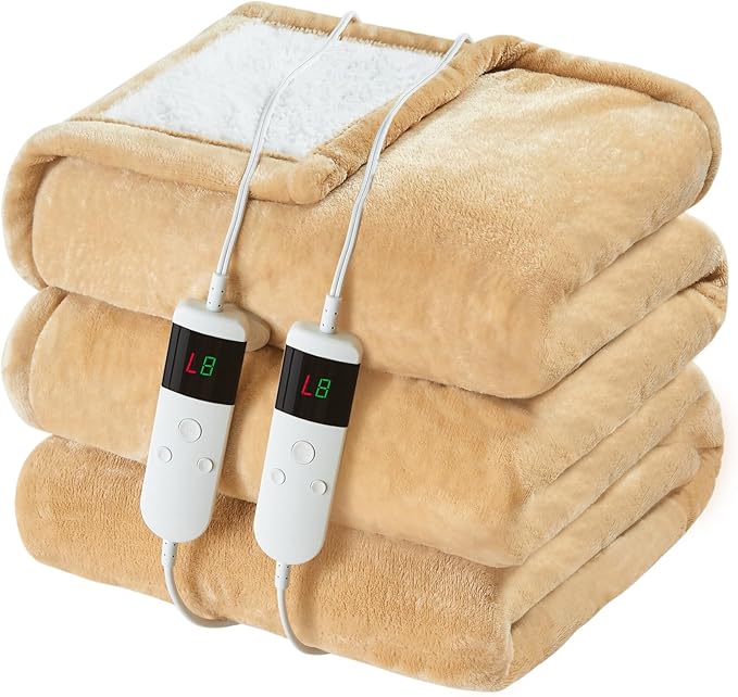 Electric Heated Blanket Queen Size 84''x90'' Soft Flannel & Sherpa Electric Blanket with 10 Heating Levels, Automatically Shut Down After 8h with Overheat Protection Machine Washable
