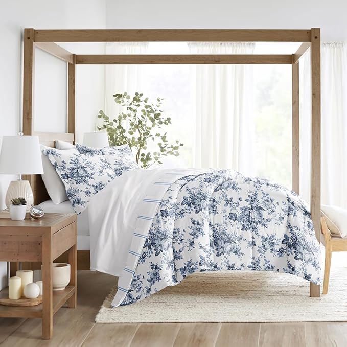 LINENS & HUTCH Comforter Set Patterned Microfiber All Season Down-Alternative Ultra Soft Bedding in Cabbage Rose Stripe - Full/Queen Cabbage Rose Stripe Stone