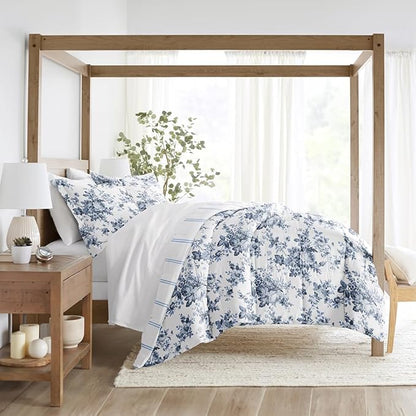 LINENS & HUTCH Comforter Set Patterned Microfiber All Season Down-Alternative Ultra Soft Bedding in Cabbage Rose Stripe - Full/Queen Cabbage Rose Stripe Stone