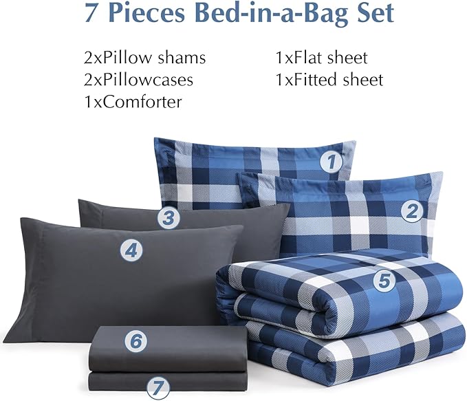 MaiRêve Full Size Plaid Comforter Set Indigo Blue, Classic Checkered 7 Pieces Bedding Set for Boys Girls Teen, All Season Lightweight Bed in A Bag with Sheets, Pillowcases & Shams