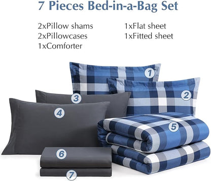 MaiRêve Full Size Plaid Comforter Set Indigo Blue, Classic Checkered 7 Pieces Bedding Set for Boys Girls Teen, All Season Lightweight Bed in A Bag with Sheets, Pillowcases & Shams