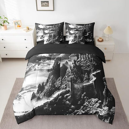 Erosebridal Gothic Dragon Comforter Set 7 Piece Bed in a Bag Twin,Vintage Mythical Animal Bedding Sets Fantasy Castle Dark Sky Sheet Set with Comforter