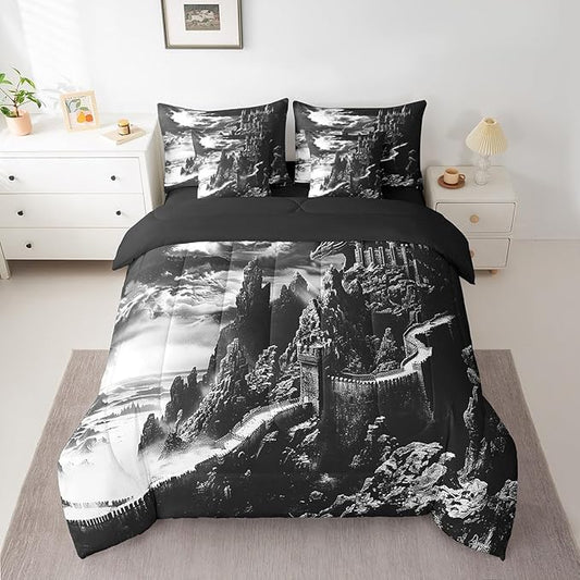 Erosebridal Gothic Dragon 7 Piece Comforter Set Full Bed in a Bag,Vintage Mythical Animal Bedding Sets Fantasy Castle Dark Sky Sheet Set with Comforter