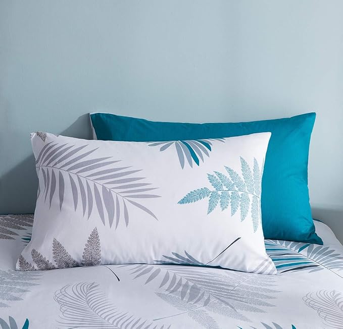 Duvet Cover Set, 600 Thread Count Cotton White Leaf Floral Pattern Print Reversible Comforter Cover Set (King, Peacock Blue-Leaf)