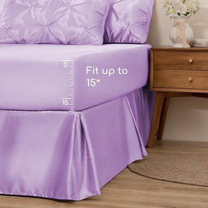 MR&HM Satin Comforter Queen 7 Pieces - Luxurious Pinch Pleat Bedding Set with Comforter, Flat Sheet, Fitted Sheet, Pillowcases & Shams, Super Silky Soft Bed Set for All Season (Queen, Lilac)