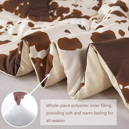 PERFEMET Cow Print Full Size Bedding Comforter Sets - 3 Pieces Brown and Beige Kids Comforter, Farmhouse Western Style Bed Set for Kids Teens Boys Girls (Beige,Full)