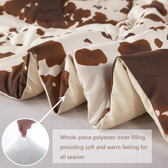 PERFEMET Brown and Beige Cow Print Bedding Set 3 Pieces Cartoon Cowhide Twin Comforter Set for Kids Teens Boys Girls Farmhouse Style Western Highland Bed Sets (Beige,Twin)