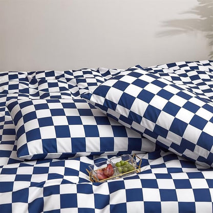 Houseri Royal Blue & White Buffalo Plaid Bedding Set - Queen Size Comforter with Dark Sea Blue Quilt & Grid Pattern