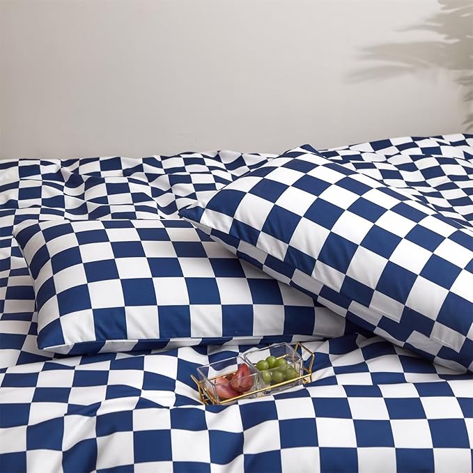 Houseri Royal Plaid Comforter Set Full Size Teen Boys Girls Dorm Bedding Quilt Comfy Deep Sea Blue Grid Comforter