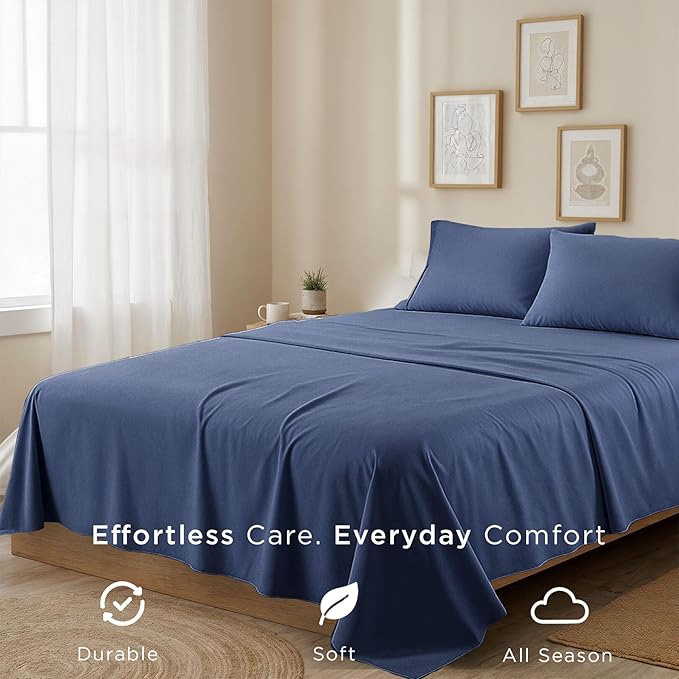 Threadmill Cotton Full Size Sheet Set| 100% Cotton Sheets for Full Size Bed | Solid Sateen Full Bed Sheets Set with 16” Elasticized Deep Pocket | Soft Breathable 4pc Cooling Sheet Set | Folkstone Blue
