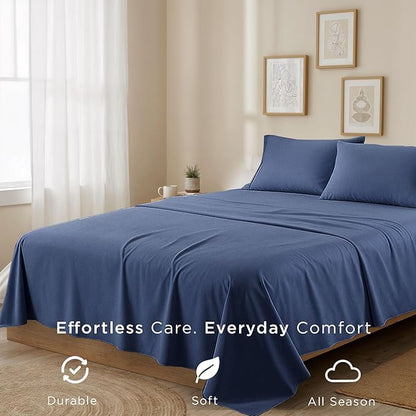 Threadmill Cotton Full Size Sheet Set| 100% Cotton Sheets for Full Size Bed | Solid Sateen Full Bed Sheets Set with 16” Elasticized Deep Pocket | Soft Breathable 4pc Cooling Sheet Set | Folkstone Blue