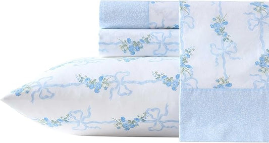 Laura Ashley - Queen Sheet Set, Crisp & Cool Cotton Percale Bedding with Deep Pockets, Lightweight for Year Round Comfort, Bed Sheets with Matching Pillowcases (Floral Ribbon Blue)