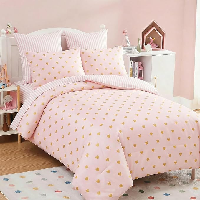 Pink Comforter Set Queen Gold Heart Bedding Set for Girls Kids, Reversible Pink White Wide Striped Design, Cute Coquette Comforter 3 Pieces, with 2 Pillowcases, Soft 100% Microfiber