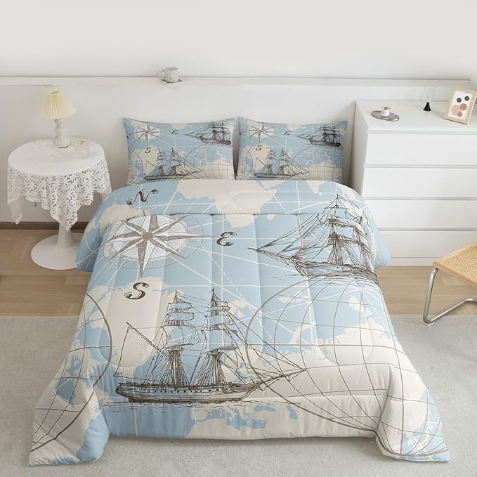 Nautical Queen Comforter Set, Retro Sailboat Bedding Set for Boys Girls Kids Teens, World Map Sketch Down Comforter, Vintage Anchor Compass Duvet Set, Yacht Ship Kids Comforter Sets, White Blue 3Pcs