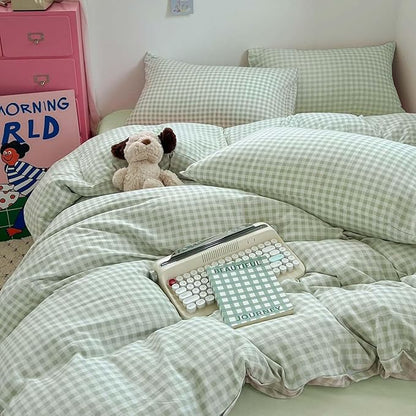 Nayoroom Green Gingham Duvet Cover Queen Size Plaid Checkered Duvet Cover Girls Dorm Bedding Set 3 Pieces Soft Lightweight Washed Microfiber Farmhouse Bedding with Pillowcases
