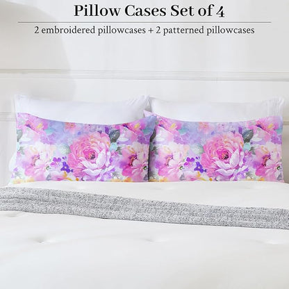 YIYEA Pillow Cases Queen Size Set of 4, Ultra Soft 1800TC Hotel Quality Double Brushed Microfiber Embroidered Pillowcases and Floral Pillow Covers, Envelope Closure, Fade Resistant (20"x30")