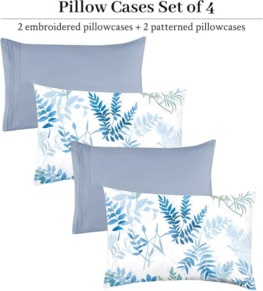 YIYEA Pillow Cases Queen Size Set of 4, Ultra Soft 1800TC Hotel Quality Double Brushed Microfiber Embroidered Pillowcases and Floral Pillow Covers, Envelope Closure, Fade Resistant (20"x30")