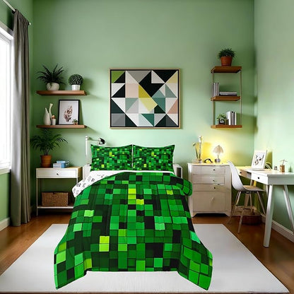 Pixelated Blocks Miners Comforter Set Full Size,Video Games Game Gamepad Kids Bedding Set,Geometric Grid Patchwork Quilt Comforter,Green Duvet Insert,2 Pillowcases