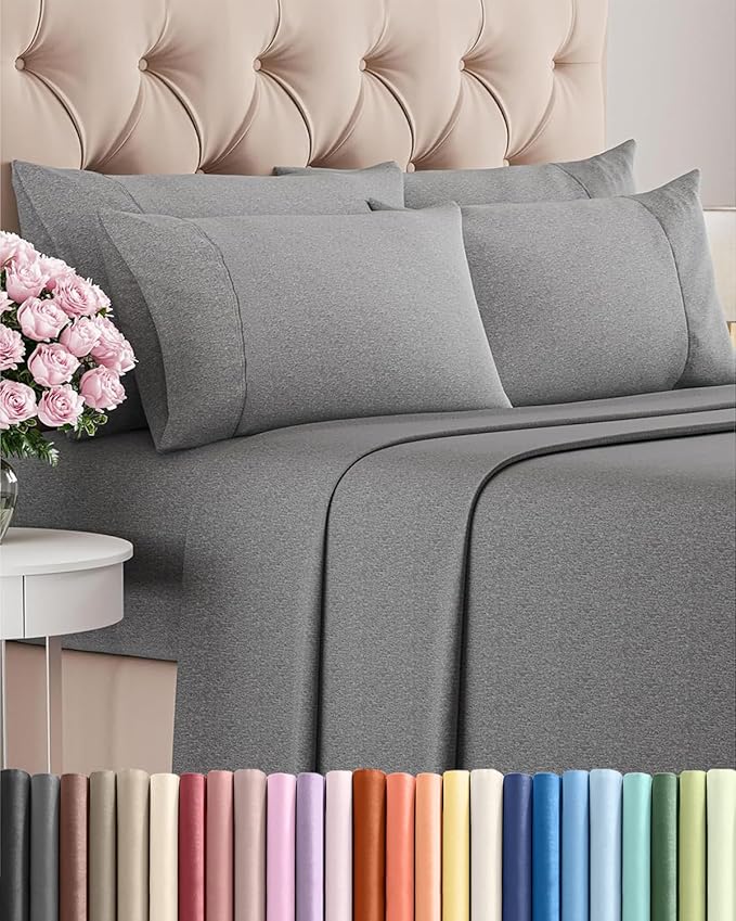 King 6 Piece Sheet Set - Comfy Breathable & Cooling - Soft Hotel Luxury Bedding Set with 8-16 Inch Deep Pockets - 1 Flat & 1 Fitted Sheet & 4 Pillowcases - Wrinkle Free & Easy Care - Heathered Grey