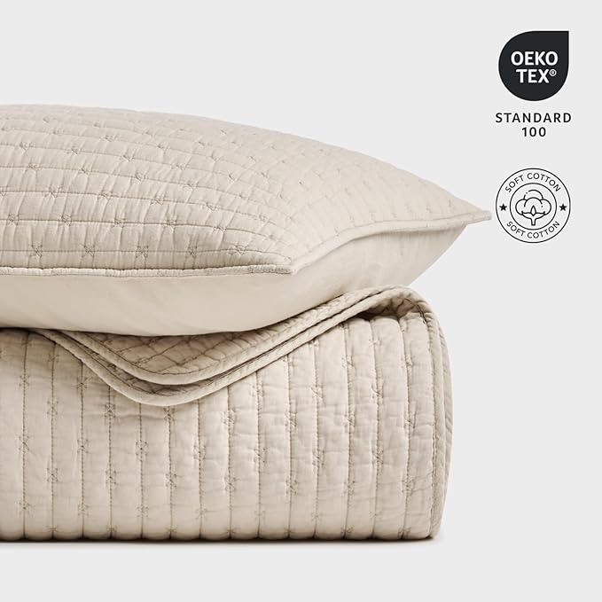 EVERGRACE Cross Stitch Pre-Washed Cotton Quilt Bedding Set King Size, Oversized 3 Pieces Lightweight Bedspread Coverlet for All Season, with 2 Matching Shams, Flax Beige,108"x96"