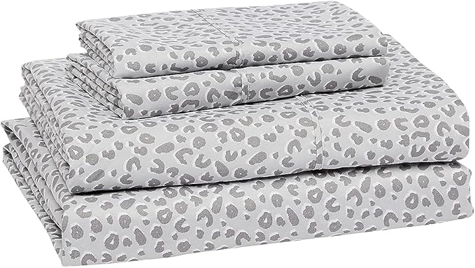 Amazon Basics Lightweight Breathable Super Soft Microfiber 4-Piece Bed Sheet Set, Wrinkle Resistant with 14-inch Deep Pockets, Queen, Gray Cheetah, Printed