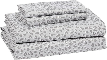 Amazon Basics Lightweight Breathable Super Soft Microfiber 4-Piece Bed Sheet Set, Wrinkle Resistant with 14-inch Deep Pockets, Queen, Gray Cheetah, Printed