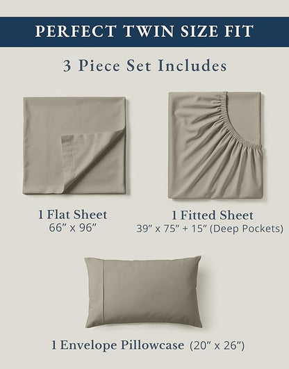 LANE LINEN 100% Organic Cotton Sheets Twin Size, Soft & Comfy Mercerized Fully Elasticized Naturally Temperature Regulating Sustainably Produced Luxury Hotel Quality Cotton Twin Sheet Set- Silver