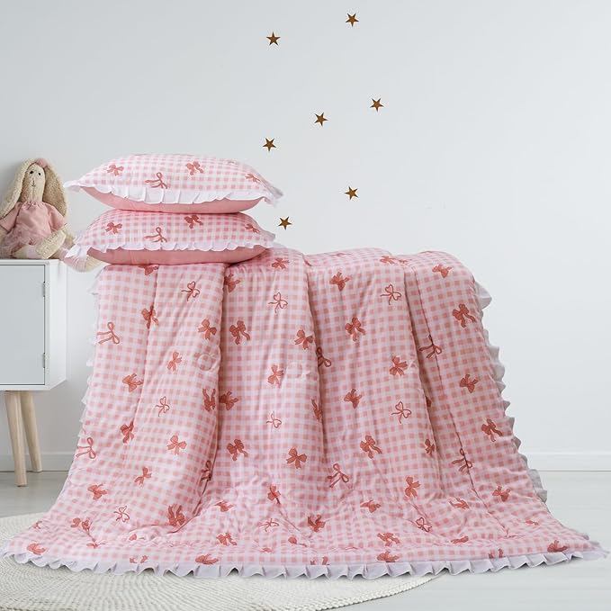 A Nice Night Bow Comforter Set,6 Piece Bed in a Bag with Comforter & Sheet Set,Chic Grid Bowknot Bedding Sets,Princess Themed Bed Sets for Kids Girls,Full
