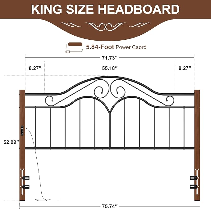 Headboard for King Size Bed Frame with Charging Station USB & Type C Ports | Vintage Platform Bed Headboard Only,Adjustable,Iron Legs,Easy Assembly,Black