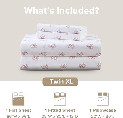 Comfort Spaces 100% Cotton Sheets Twin XL, Breathable, Naturally Cool Cotton Sheets, Soft Cotton Bed Sheets with 12" Elastic Pocket Fits up to 14" Mattress, All Seasons Sheet Set, Floral Pink 3 Piece