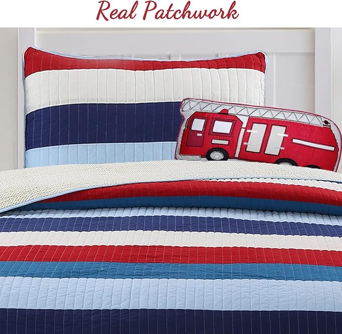 Cozy Line Home Fashions Aaron Bedding Quilt Set, Nautical Navy Blue Red Off-White Striped 100% Cotton Reversible Coverlet Bedspread Bedding Set (National Stripe, Queen - 3 Piece)