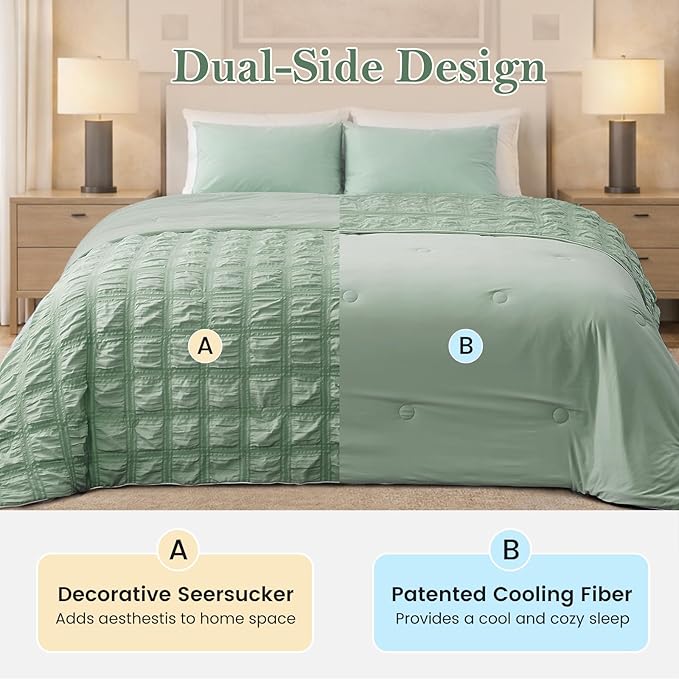 Cozy Bliss Cooling Comforter Seersucker Plaid Twin XL Size, Q-Max 0.45 Lightweight Cooling Blanket, Breathable Silk Smooth Summer Bedding Quilt for Hot Sleepers Night Sweats Sage Green