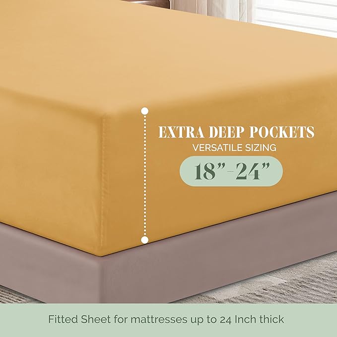 Elegant Comfort Luxurious 1500 Premium Hotel Quality Microfiber 4-Piece Sheet Set, 18-24 Inches Deep - Extra Deep Pocket Sheets - Ultra Soft 4PC Deep Pocket Sheets, Queen, Camel-Gold