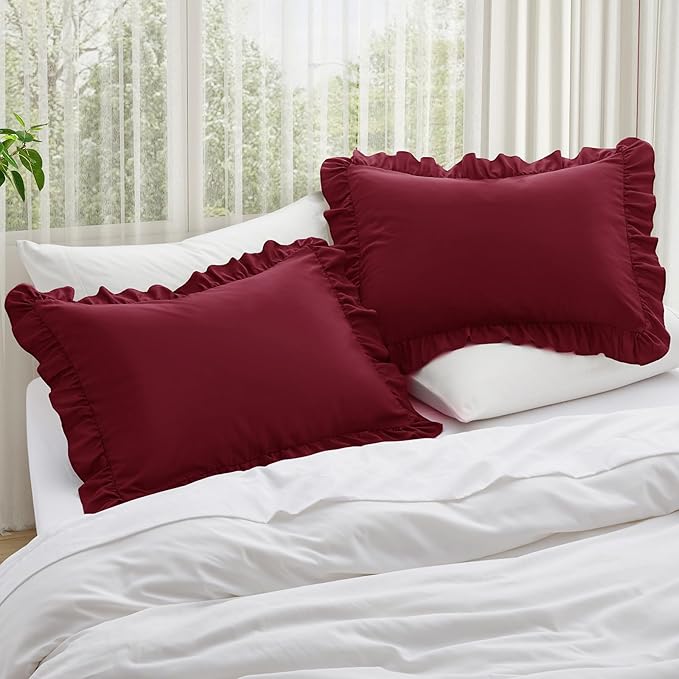 KKJIAF Ruffle Pillow Cases Queen Size Set of 2, Ruffled Pillow Covers with Envelope Closure, Wrinkle Resistant Ruffled Pillow Shams 20" x 30", Burgundy
