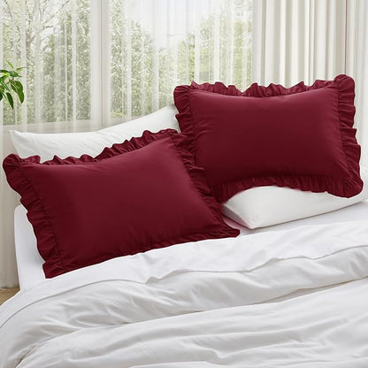 KKJIAF Ruffle Pillow Cases Standard Size Set of 2, Ruffled Pillow Covers with Envelope Closure, Wrinkle Resistant Ruffled Pillow Shams 20" x 26", Burgundy