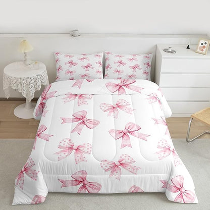 Erosebridal Pink Bow Kids Bedding | Coquette Bowknot Comforter Sets King,Princess Girls Ribbon Bowtie Comforter Watercolor Cute Duvet Insert with 2 Pillow Cases