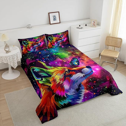 Fox Print Bedding Set Queen Cartoon Fox Butterfly Comforter Set for Kid Girl Boys,3D Animal Theme Colorful Galaxy Painting Quilt Duvet,Starry Sky Down Comforter Home Room Decor with 2 Pillow Cases