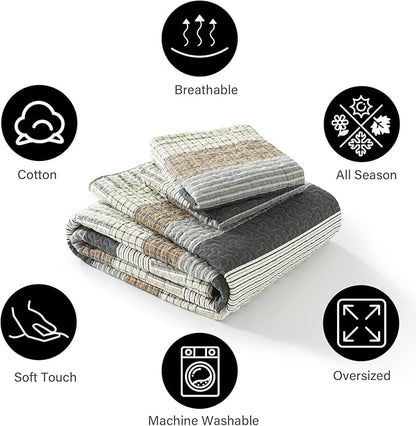 PANGUSHAN 100% Cotton Quilt Set King Size, Patchwork King Quilt Bedding Set Bedspreads, Farmhouse Lightweight Comforter Reversible Quilt, White/Brown/Grey Bed Spread for All Season, 3 Pieces