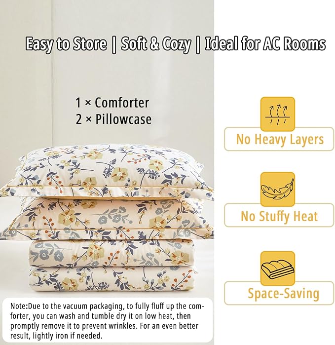 Yellow Floral Cotton Comforter Queen Size - Refreshing Design with Blue, Orange & Slate Gray Botanical Pattern on Off White,3PC Lightweight Bedding Set with Ultra-Soft Alternative Fill (Queen)