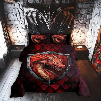 Castle Fairy Western Fierce Animals Comforter Set with 2 Pillowcases,Dragon Scales Super Soft Microfiber Bedding Set for Adults Teens,Dragon Duvet Set for Room Decor,King