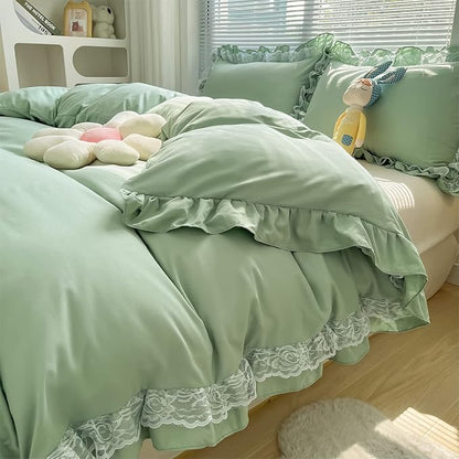 MOOWOO Chic Ruffle Lace Polyester Duvet Cover Set -Girl Green Bedding-2 Piece Twin Duvet Cover with Zipper Closure -Ultra Soft and Light Weight (Green,Twin Size)