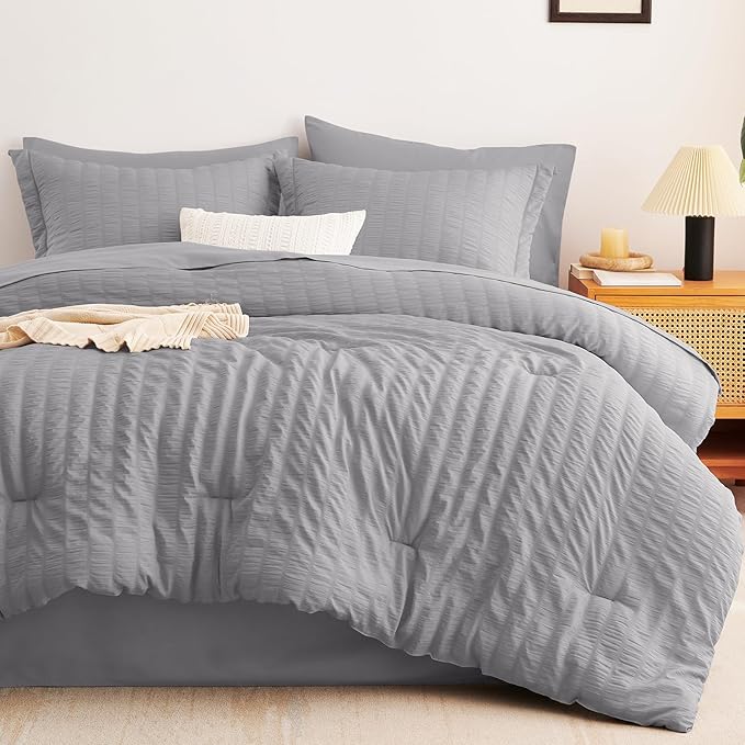 CozyLux Full Size Comforter Sets with Sheets 7 Pieces, Grey Seersucker Bed in a Bag Textured Luxury Soft Bedding Set with Down Alternative Comforter, Sheets, Pillowcases & Shams for All Season, Gray