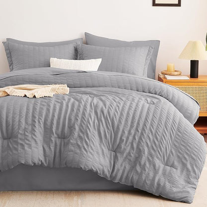 CozyLux Queen Comforter Set Grey Seersucker 7 Pieces Bed in a Bag Queen Comforter Set with Sheets, Gray Luxury Soft Bedding Set with Down Alternative Comforter, Sheets, Pillowcases & Shams All Seasons
