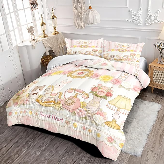 3Pcs Full Size Girls Kids Cute Pink Flower Comforter Set, Bear Cat and Bunny Bedding Sets for Girls Room Decor, 1 Comforter 79"x 90" and 2 Pillowcases All Season