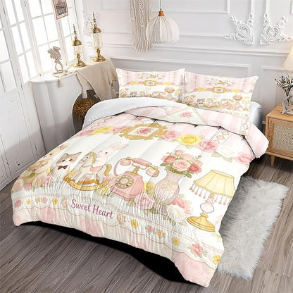 3Pcs Full Size Girls Kids Cute Pink Flower Comforter Set, Bear Cat and Bunny Bedding Sets for Girls Room Decor, 1 Comforter 79"x 90" and 2 Pillowcases All Season