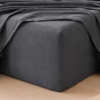 MooMee Fitted Bottom Sheet Only 100% Washed Cotton Linen Like Textured Breathable Durable Soft Comfy Deep Pocket Fits Mattress up to 17" (Dark Grey, King)