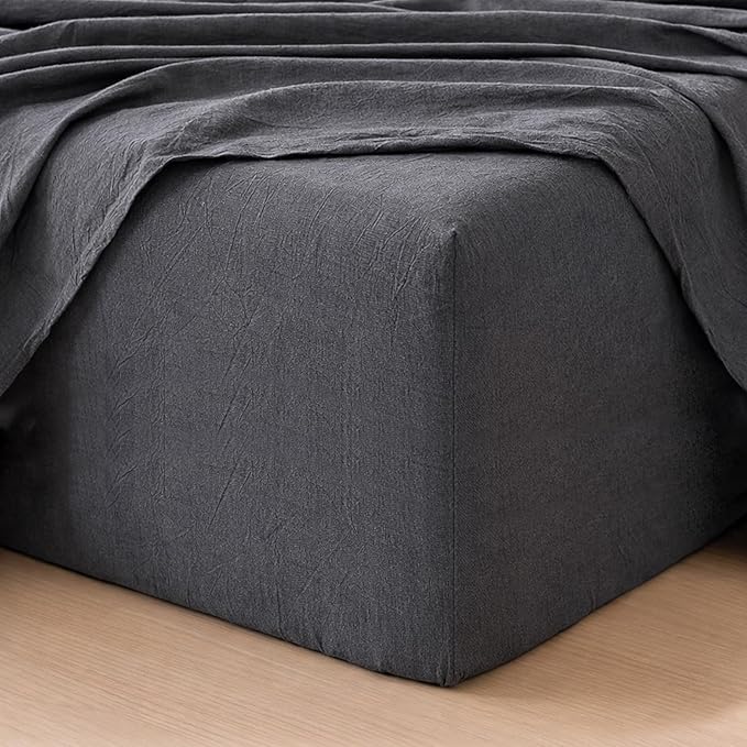 MooMee Fitted Bottom Sheet Only 100% Washed Cotton Linen Like Textured Breathable Durable Soft Comfy Deep Pocket Fits Mattress up to 17" (Dark Grey, Queen)