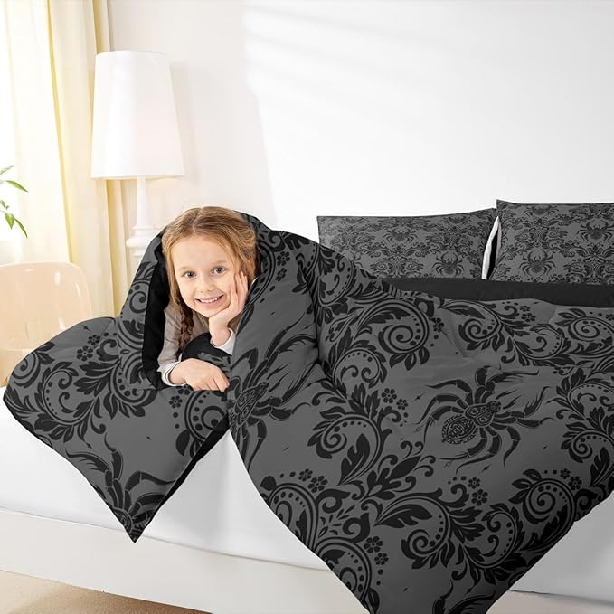 Feelyou Adults Gothic Comforter Set Twin Size Dark Olive Green Damask Bedding Set for Kids Boys Girls Spider Duvet Quilt Bedroom Decor Microfiber 2 Pcs with 1 Pillow Cases